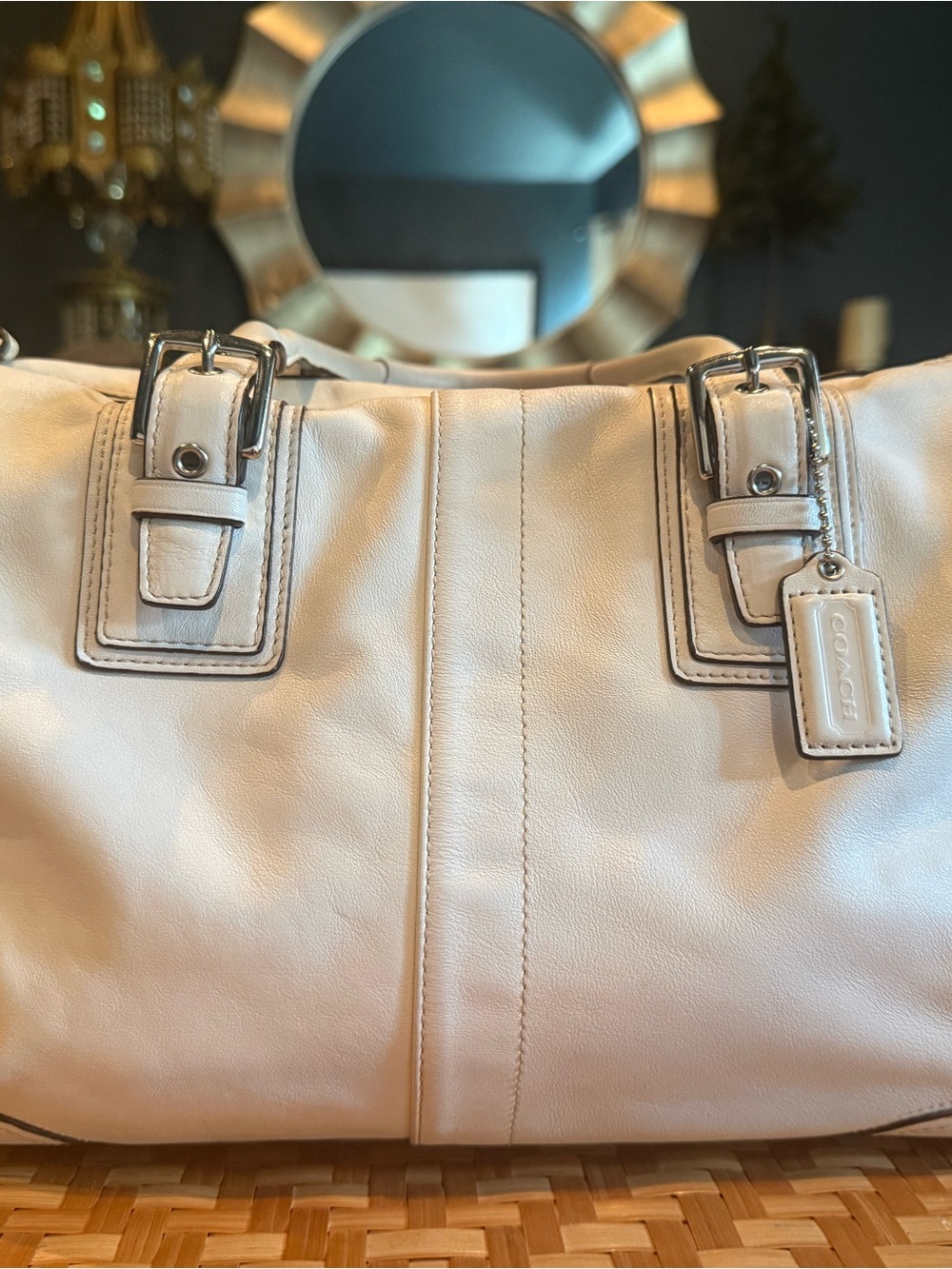 Coach White Leather Shoulder Bag with Buckle Accents- Hampton- F13811